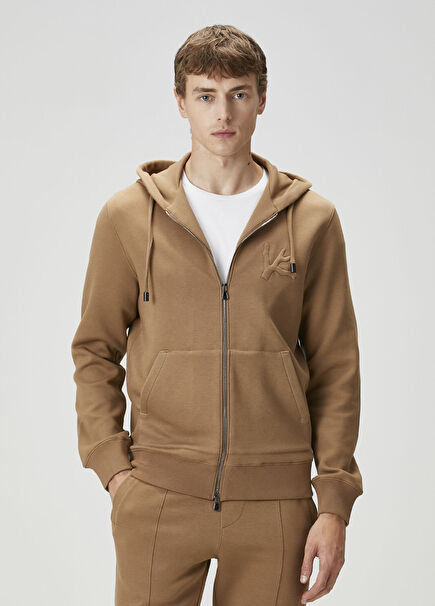Beige Hooded Logo Embroidered Sweatshirt