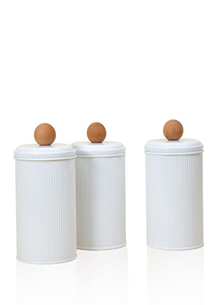 Stripe Beyaz Galvaniz Kaplama 3'lü Çay Kahve Şeker Kavanozu