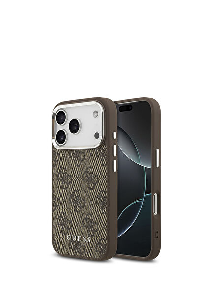 iPhone 17 Pro Max 4G Patterned Classic Text Logo Magsafe Compatible Brown Phone Case