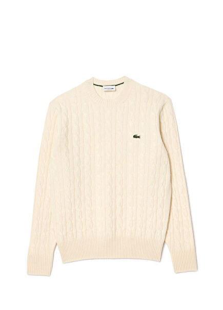 Krem Classic Fit Bisiklet Yaka Desenli Erkek Kazak