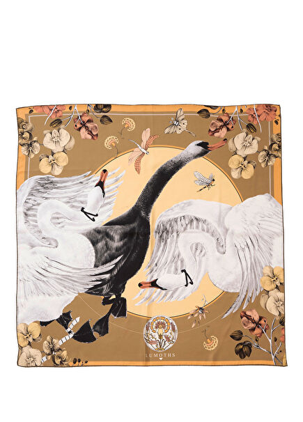 Cabala Kuğular ve Orkideler Haki İpek Twill Kadın Eşarp 90 cm