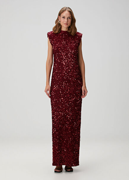 Moullen Bordo Payetli Maxi Elbise