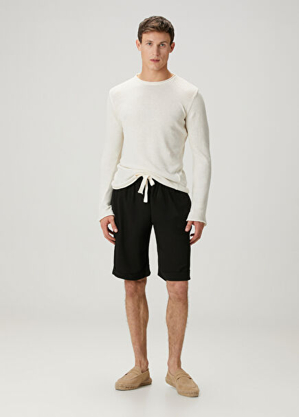 Black Waist Corded Linen Shorts