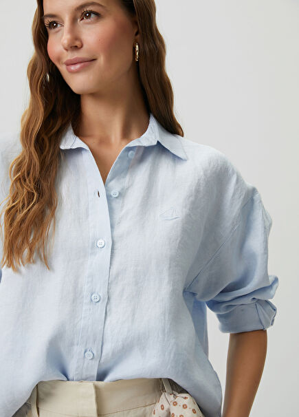 Oversize Light Blue Logo Linen Shirt