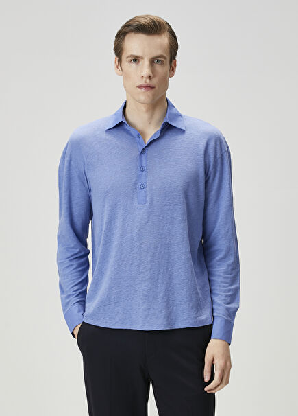 Blue Long Sleeve Linen Polo T-Shirt