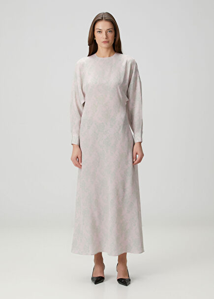 Selene Açık Pembe Desenli Maksi İpek Elbise