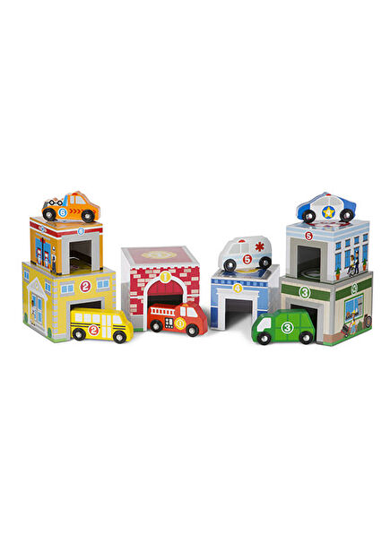 Wooden Buildings and Vehicles Stack Play Tower