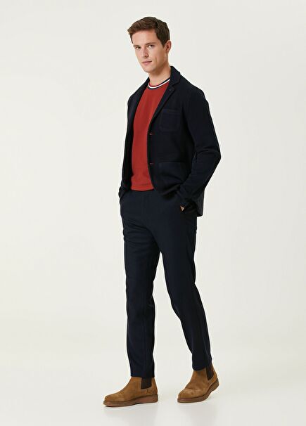 Navy Blue Diagonal Textured Flannel Wool Pants