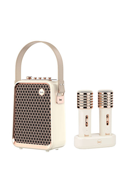 SongBird HQ Beyaz Çift Karaoke Mikrofonlu Bluetooth Hoparlör