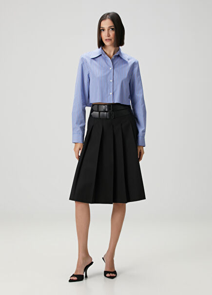 Siyah Çift Kemerli Midi Yün Etek