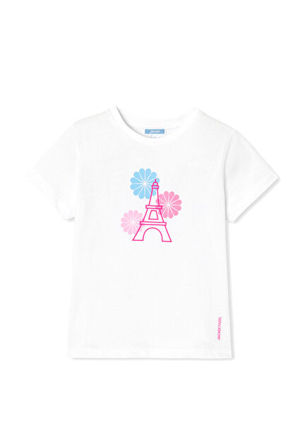 Beyaz Baskılı Pamuklu Kısa Kollu Kız Çocuk T-shirt
