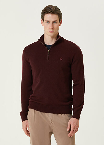 Bordo Yakası Fermuarlı Merino Kazak