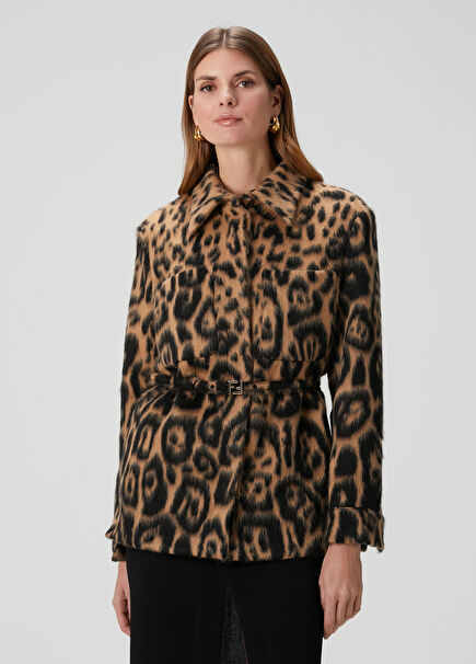 Camel Leopar Desenli Yün Ceket