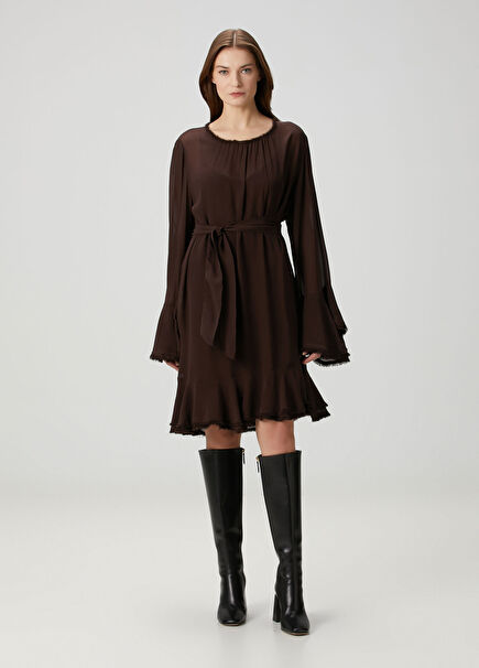 Tulip Kahverengi Kuşaklı Midi Elbise