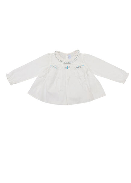 Ecru Embroidered Baby Girl Shirt with Baby Collar Buttons