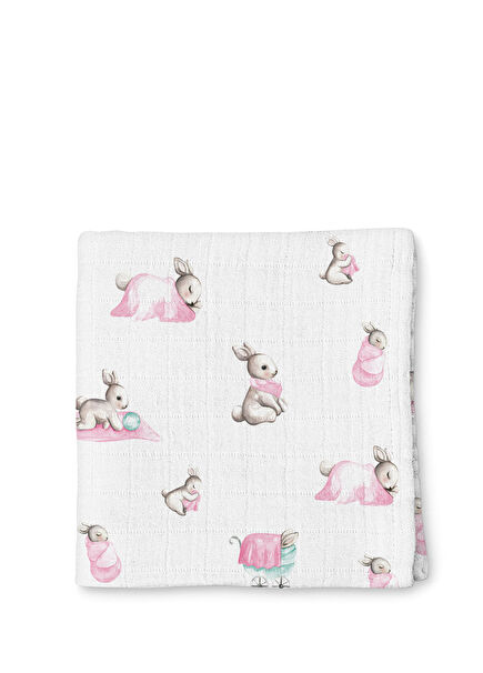 %100 Pamuk Bebe Lapin Pembe Müslin Bebek Örtüsü 70x70 cm