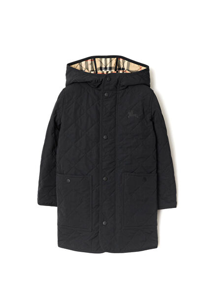Quilted Nylon Hooded Siyah Unisex Çocuk Mont