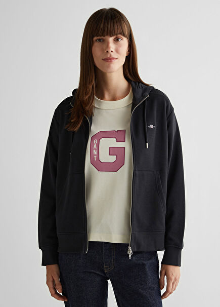Siyah Fermuarlı Kapüşonlu Relaxed Fit Kadın Sweatshirt