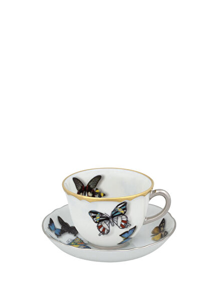 Butterfly Parade Patterned White Porcelain Coffee Cup and Saucer