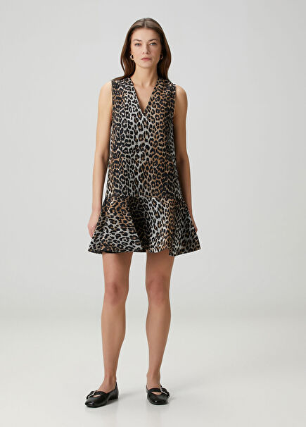 Leopar Desenli Mini Elbise