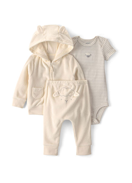 Ekru Hırka Pantolon ve Kısa Kollu Body Unisex Bebek 3'lü Set
