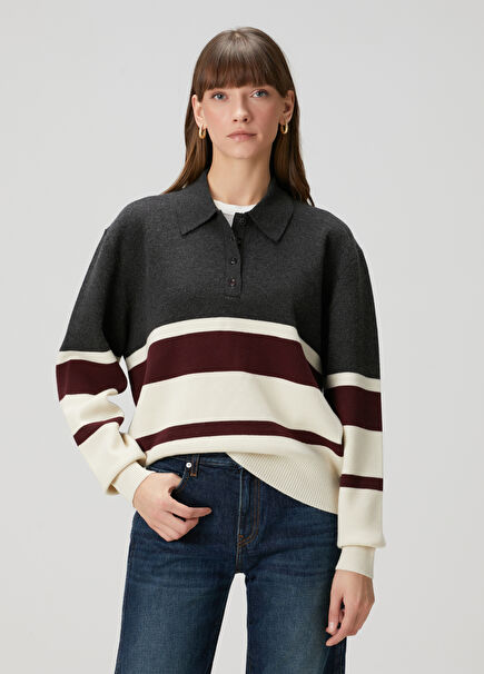 Dark Gray Striped Wool Polo Sweater