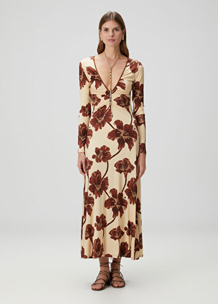 Bej Çiçek Desenli Midi Elbise