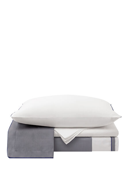 Navy Piped Gray White Cotton Sateen Double Duvet Cover Set
