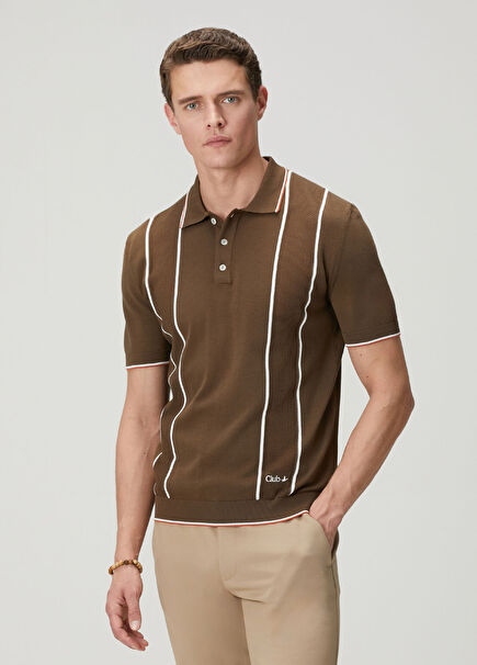 Brown Vertical Line Detailed Short Sleeve Knitwear