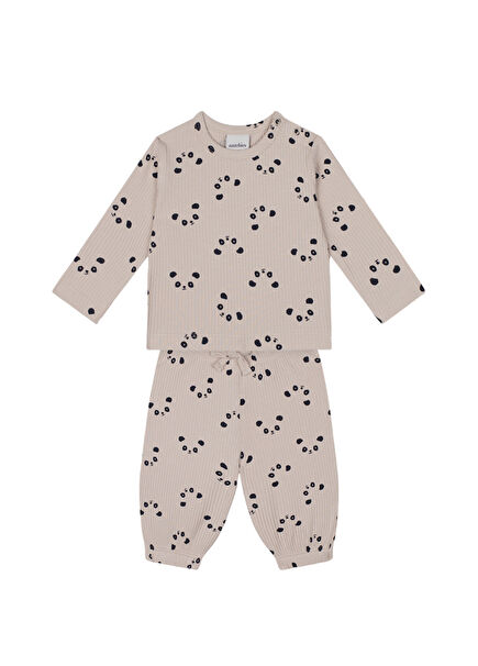 Krem Panda Desenli Uzun Kollu Tshirt ve Pantolon Unisex Bebek 2'li Set