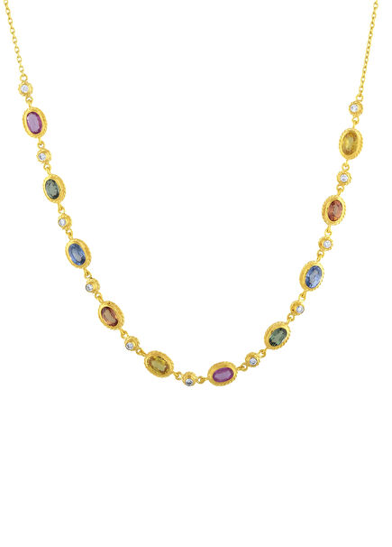24K Gold Women's Necklace with Rainbow Colored Sapphire and Diamonds