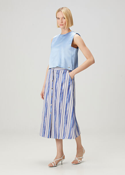 Blue White Midi Silk Skirt