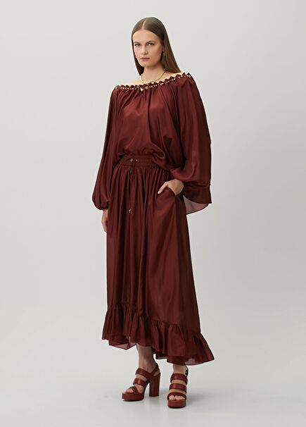 Aster Burgundy Midi Silk Skirt