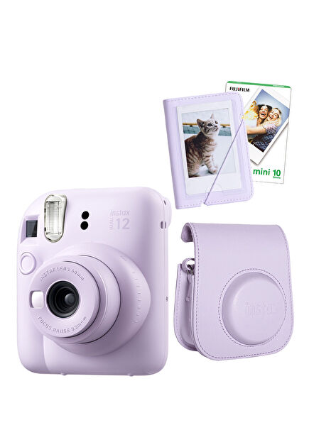 Instax Mini 12 Lila Fotoğraf Makinesi + 10'lu Film Mini Albüm ve Deri Kılıf
