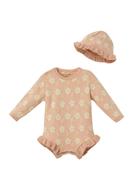 Pembe Organik Pamuk Çiçekli Tulum ve Şapka Kız Bebek 2'li Set