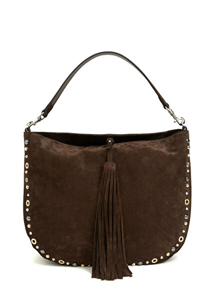 Kahverengi Trok Detaylı Kadın Süet Çanta