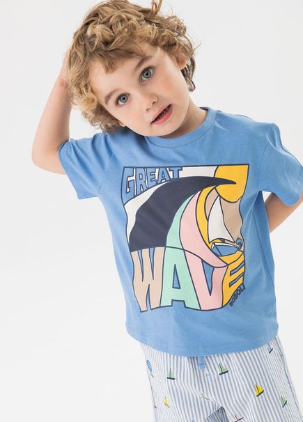 Mavi Wave Baskılı Kısa Kollu Erkek Çocuk Tişört