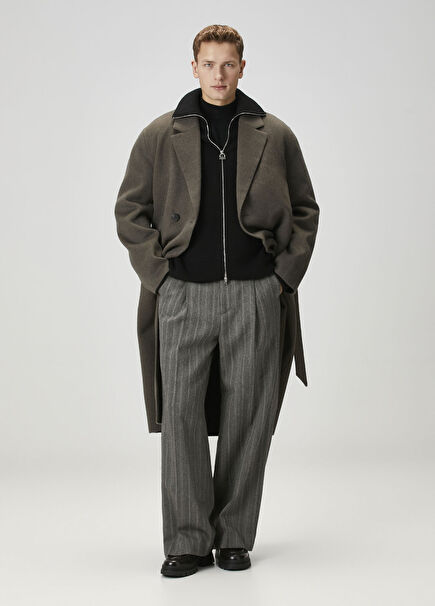 Haki Kuşaklı Yün Palto