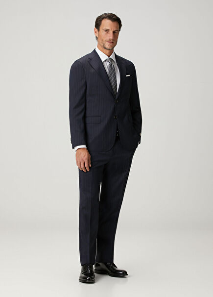 Navy Blue Stripe Patterned Wool Suit