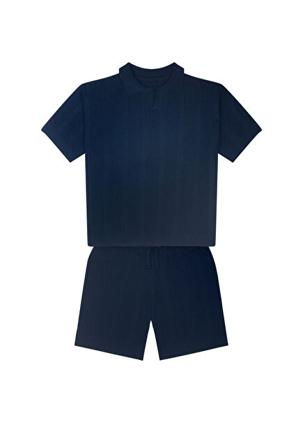 Lacivert Dokulu Triko Kısa Kollu T-shirt ve Şort Erkek Çocuk 2'li Set