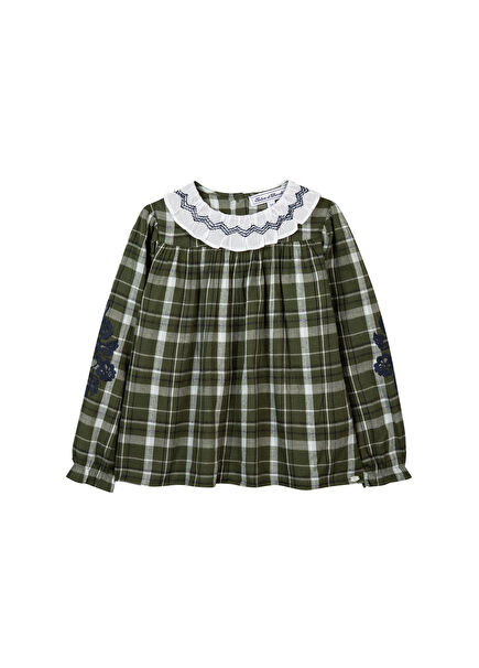 Green Checkered Lace Neckline Girls' Tunic