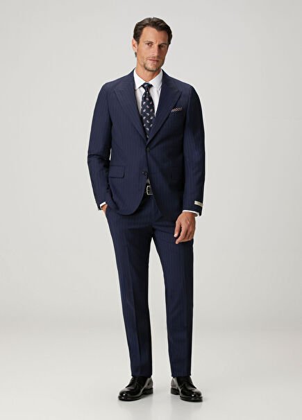 Navy Blue Stripe Patterned Wool Suit