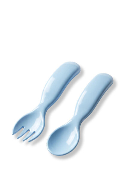 Mavi 6+ Ay Eğitici Ergonomik Bebek 2'li Mama Kaşık Çatal Seti