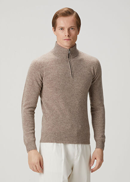 Taupe Yakası Fermuarlı Yün Kazak