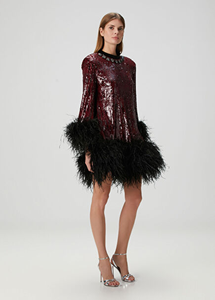 Burgundy Sequined Feather Detailed Long Sleeve Women's Mini Evening Dress