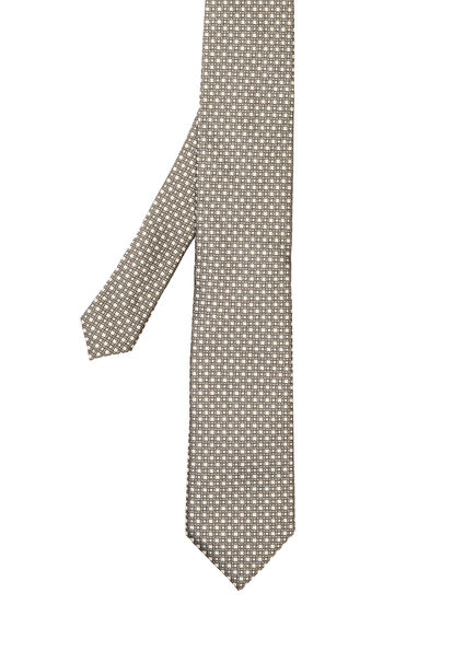 Gri Mikro Geometrik Desenli İpek Kravat