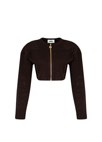 Brown Acrylic Knit Women's Short Cardigan