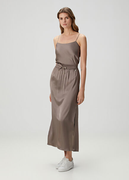 Taupe Midi Satin Skirt