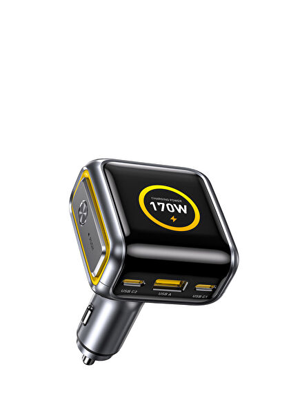 Superauto Araç İçi Şarjı 3 Portlu Dijital Ekranlı 170W Type-C ve USB-A Girişli Siyah Hızlı Şarj Çakmaklık Adaptörü 