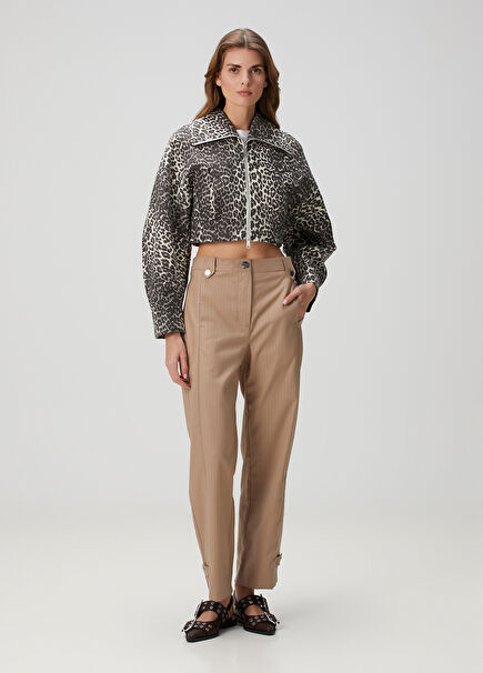 Beige Line Jacquard Pants